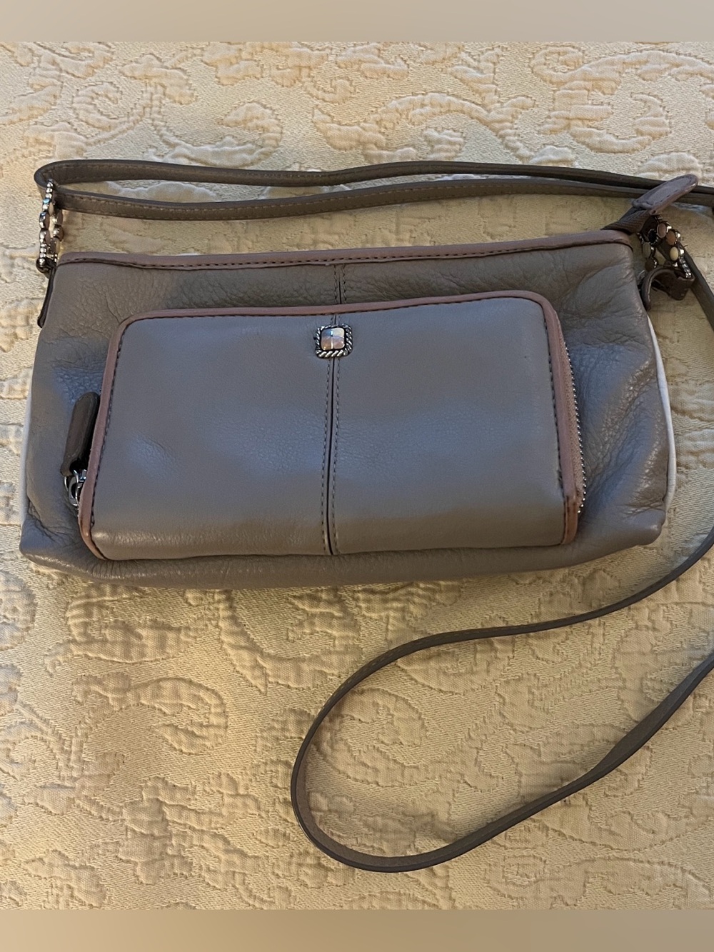 Brighton Leather Small Crossbody Bag Taupe Gray Geometric Lining